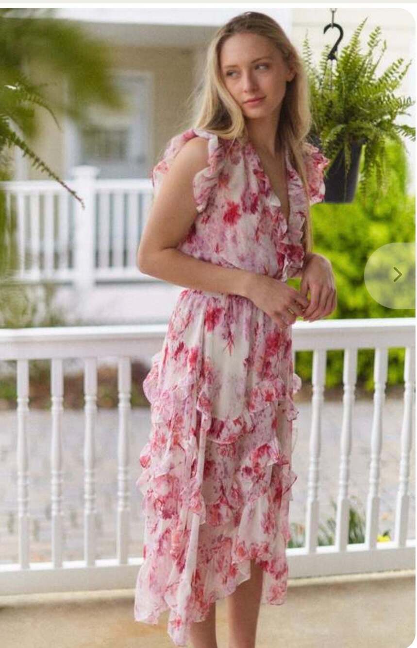 MISA Los Angeles Floral Print Ruffle Tiered Midi Dress summer romance chic s